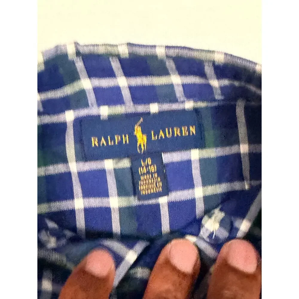 Ralph Lauren Boys L 14-16 Blue Green Plaid Button Down Long Sleeve Shirt Pony